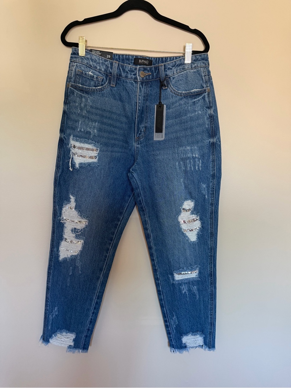 Buffalo David Bitton Women's Blue Distressed Jeans with Sequin Patch